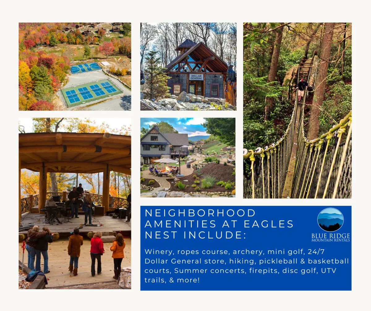 A lively community amenity area featuring an outdoor concert stage, amenity buildings, sports courts, a rope course, and a suspension bridge. Activities like live music, hiking, and sports showcase the adventurous and communal spirit of Eagles Nest.